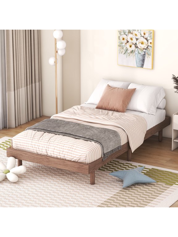 Twin-Size Floating Platform Bed Frame, Modern Low Bed Frame, No Spring Mattress Required, Walnut Color