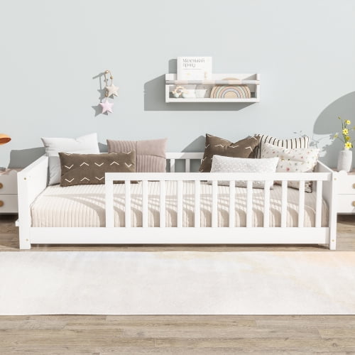 Twin Size Floor Bed with Built-in Book Rack and Door, Low Profile Platform Bed with Guardrails for Small Space, Rubber Wood Floor Bed Frame with Slats, White