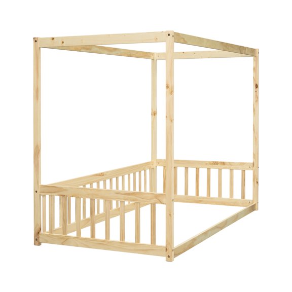 Twin Size Floor Bed With Canopy And Guardrails - Natural Pine Build Provides A Comfortable Protected Sleeping Space Frame Construction Creates Peaceful Secure Area