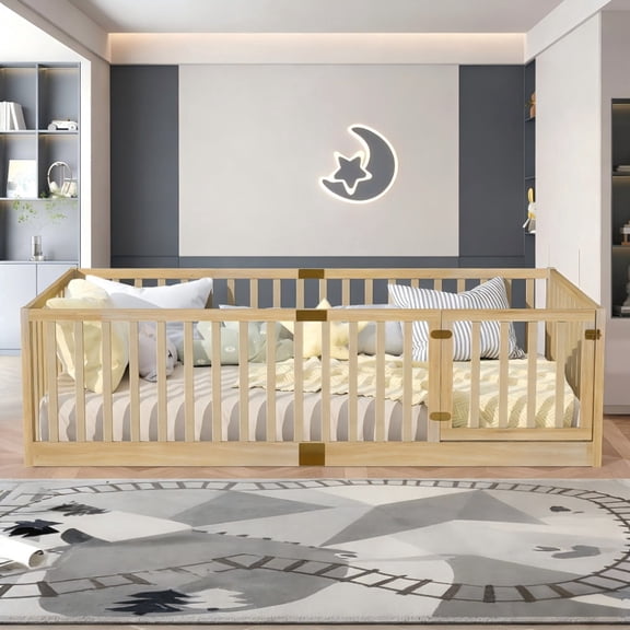 Twin Size Floor Bed Frame with High Fence Guardrails and Door, Rubber Wood Platform Bed, Natural
