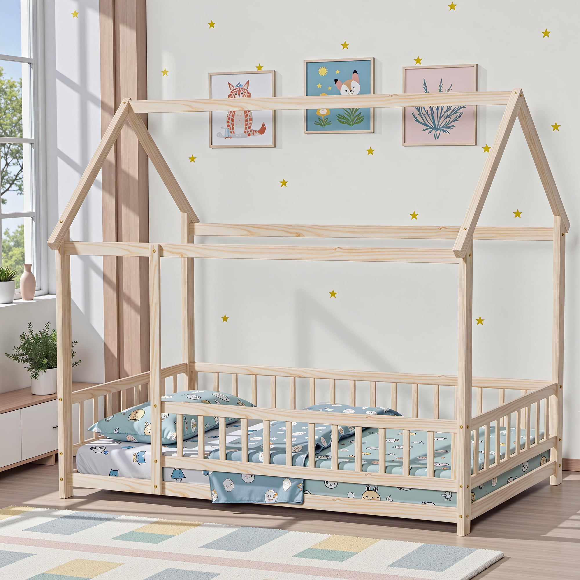 Twin Size Floor Bed with Fence for Kids and Toddlers, Montessori Bed Playhouse Bed with Roof, Solid Wood Platform Bed Frame for Boys and Girls Bedroom, No Slats Included (Natural)