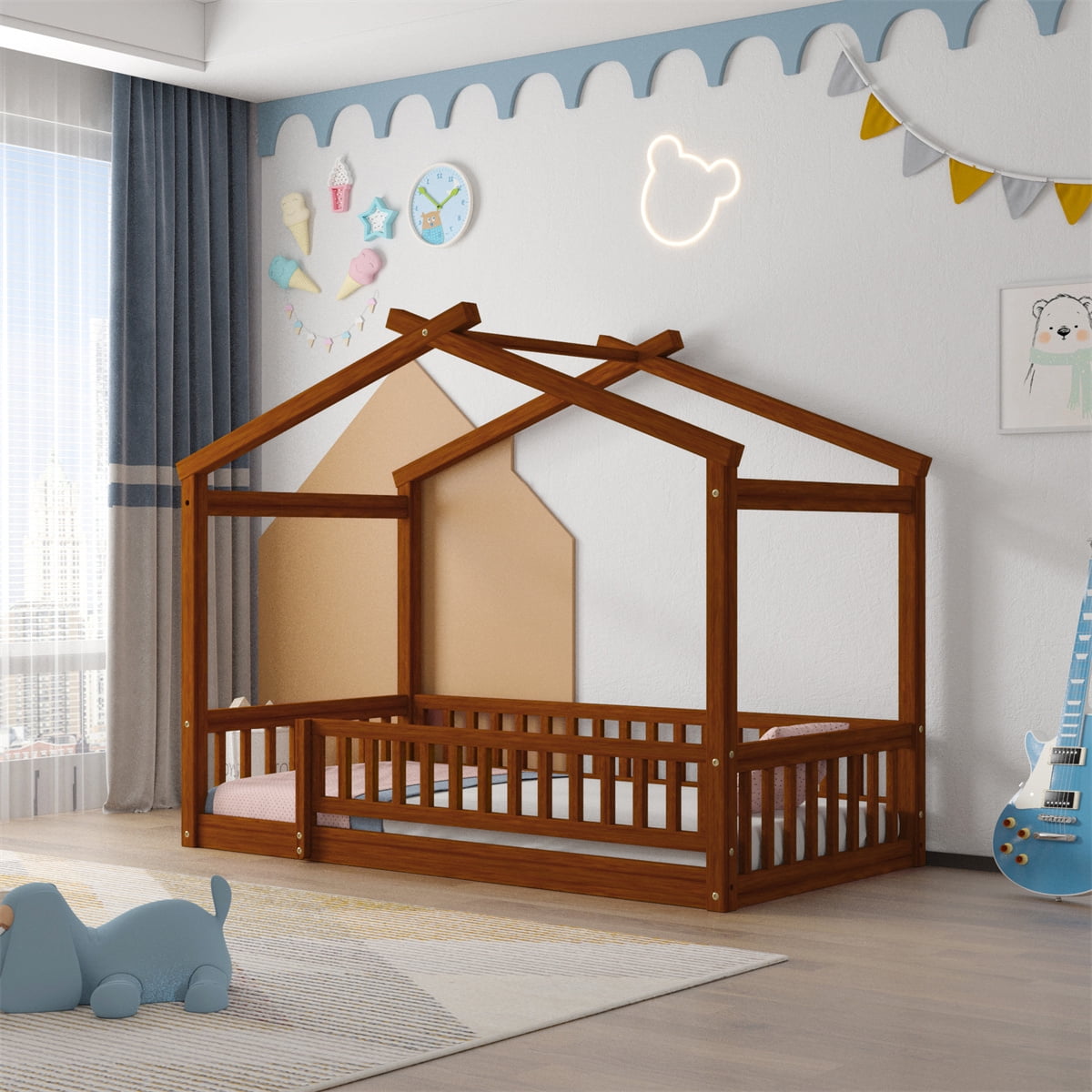 Twin Size Floor Bed with Fence Railings,Wooden Montessori House Bed Frame with Roof Design and Fence Guardrails,Playhouse Bed Low Bed Frame for Girls Boys Bedroom,Easy Assemble,Walnut
