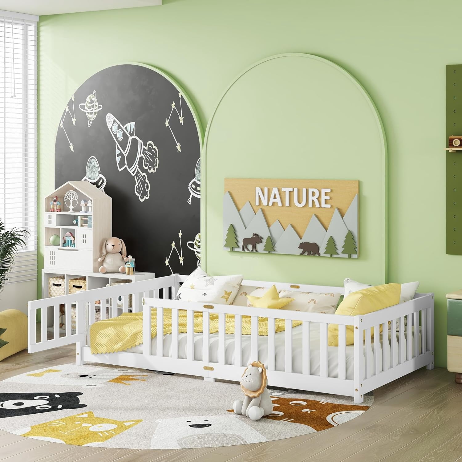 Twin Size Floor Bed Frame with Door and Fence,Montessori Floor Bed with ...