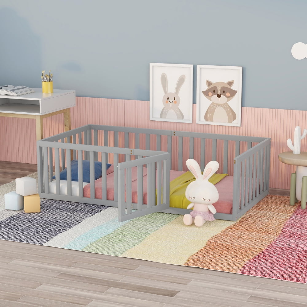 Twin Size Floor Bed Frame for Kids, Solid Wood Montessori Bed Frame with Fence Rail and Door, Montessori Floor Bed Wood Full Bed Frame for Boys and Girls, Gray