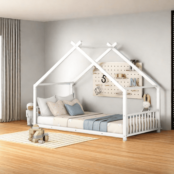 Twin Size Floor Bed Frame with Roof, Metal Montessori Bed with Headboard and Footboard, Twin Low House Bed, Playhouse Bed Frame for Boys,Girls, Easy Assembly, No Box Spring Needed