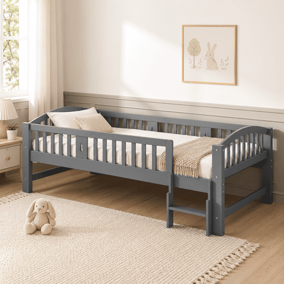 Sesslife Twin Platform Bed Frame for Kids, Solid Wood Toddler Twin Bed with Safety Guardrails & Built-In Step, Montessori Low-Profile Bed with Slats, No Box Spring Needed, 400 lbs, Gray