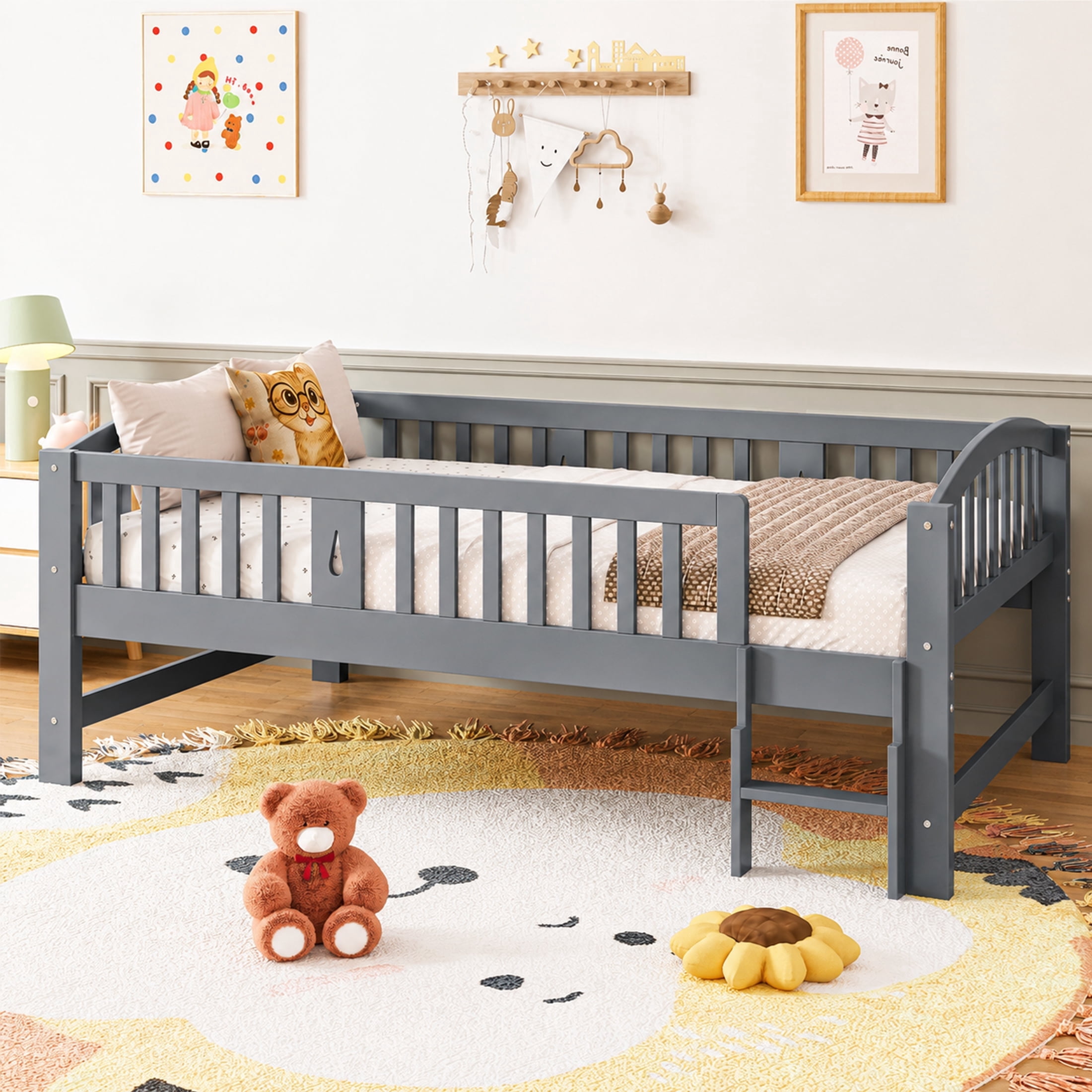 Sesslife Twin Platform Bed Frame, Solid Wood Montessori Toddler Bed Frame with Safety Guardrails and Ladder for Kids, Low Profile Twin Floor Bed with Slats, No Box Spring Needed, 400 lbs, Grey
