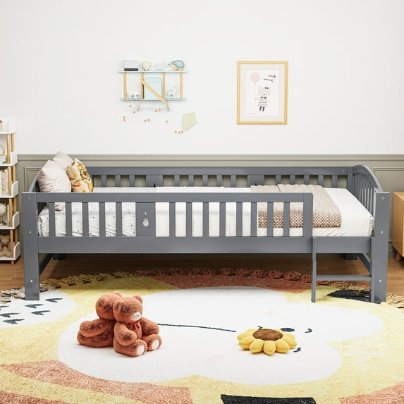 Sesslife Twin Size Platform Bed for Kids, Solid Wood Toddler Bed Frame with Slats, Fence Guardrail Ladder, Montessori Floor Bed for Boys Girls, No Box Spring Needed, Holds 400 lbs, Grey