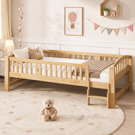 Sesslife Twin Platform Bed Frame for Kids, Solid Wood Toddler Twin Bed with Safety Guardrails & Built-In Step, Montessori Low-Profile Bed with Slats, No Box Spring Needed, 400 lbs, Natural