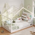 thumbnail image 1 of Mabor Twin Montessori Floor Bed with Storage Bookshelf and Guardrails, House-Shaped Metal Platform Bed Frame with Globe String Lightsand Wood Slats, White, 1 of 10