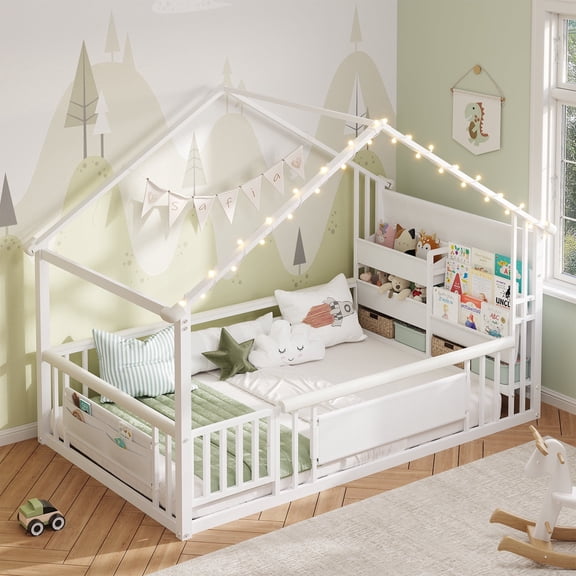 Mabor Twin Montessori Floor Bed with Storage Bookshelf and Guardrails, House-Shaped Metal Platform Bed Frame with Globe String Lightsand Wood Slats, White