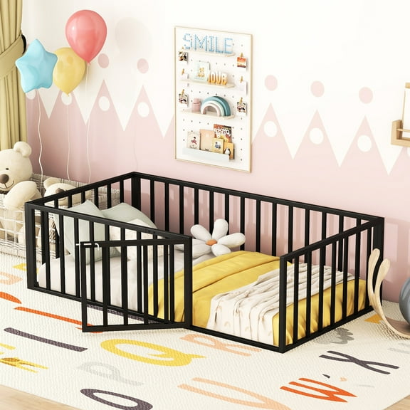 Twin Size Floor Bed Frame With Metal Fence And Door - Black Design Strong