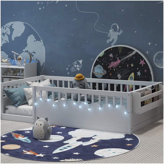 Twin Size Floor Bed Frame with LED Lights, Safety Rails and Storage Shelf, Low Profile Platform Design