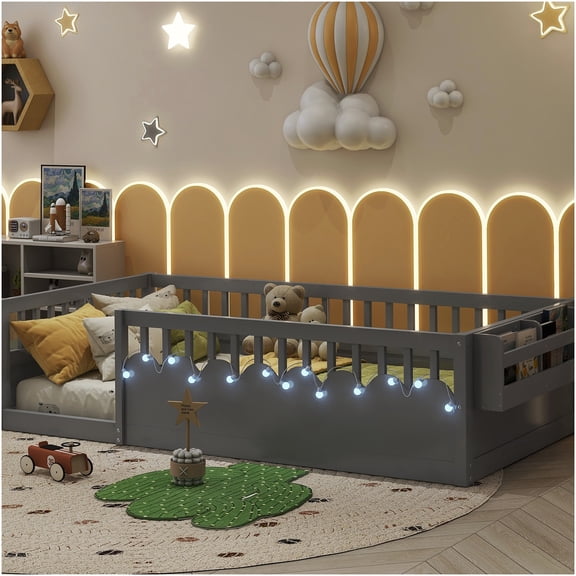 Twin Size Floor Bed Frame with LED Lights and Storage Shelf, Low Profile Platform with Safety Rails for Modern Bedroom, Gray Wood Finish