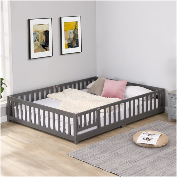 Twin Size Floor Bed Frame with Safety Door Guardrail, Low Profile Solid Wood Platform Bed with Fence, Gray