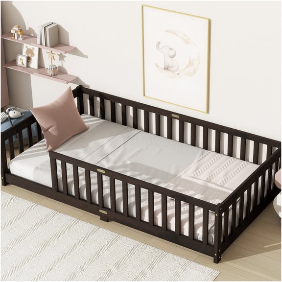 Twin Size Floor Bed Frame with Safety Rails, Low Profile Platform Bed with Wood Slats, Espresso Finish, No Box Spring Needed