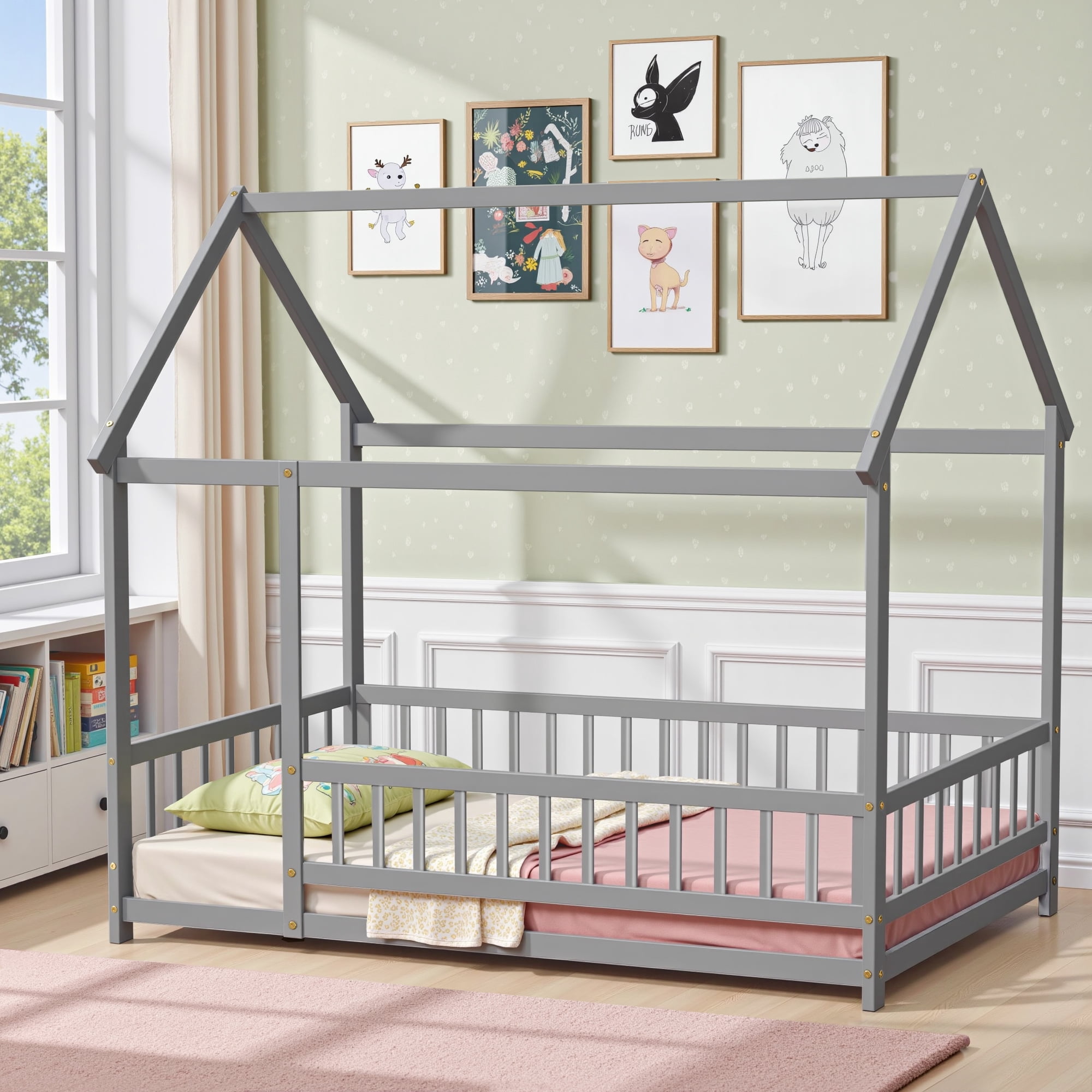 Twin Size Floor Bed, House Floor Wood Bed with Roof Frame for Kids Toddlers Teens, Montessori Bed Frame with Fence-Shaped Guardrail, without Slats, Gray