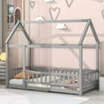 thumbnail image 1 of Twin Floor Bed, Wooden Montessori Bed Frame with Fence Guardrails and Door, House Bed Bedroom Playroom, Easy Assembly, Gray, 1 of 7