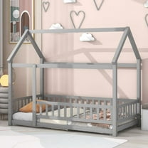 Twin Floor Bed, Wooden Montessori Bed Frame with Fence Guardrails and Door, House Bed Bedroom Playroom, Easy Assembly, Gray