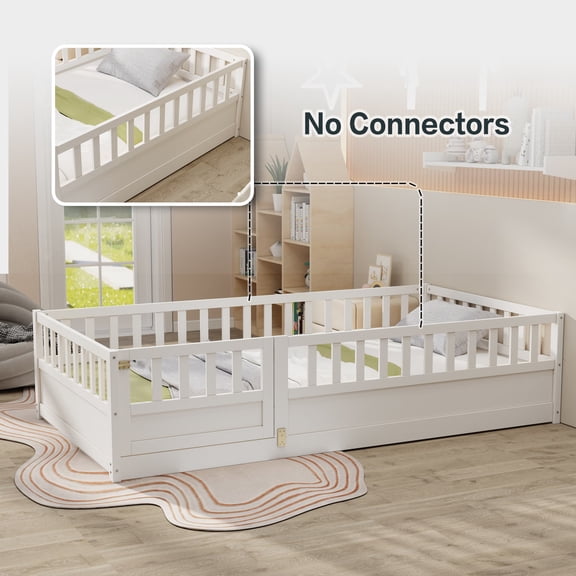 Twin Size Floor Bed with Integral Security Barrier & Door, Solid Pine Montessori-Style Floor Bed Frame with Slat Support, No Box Spring Needed for Guest Room, White