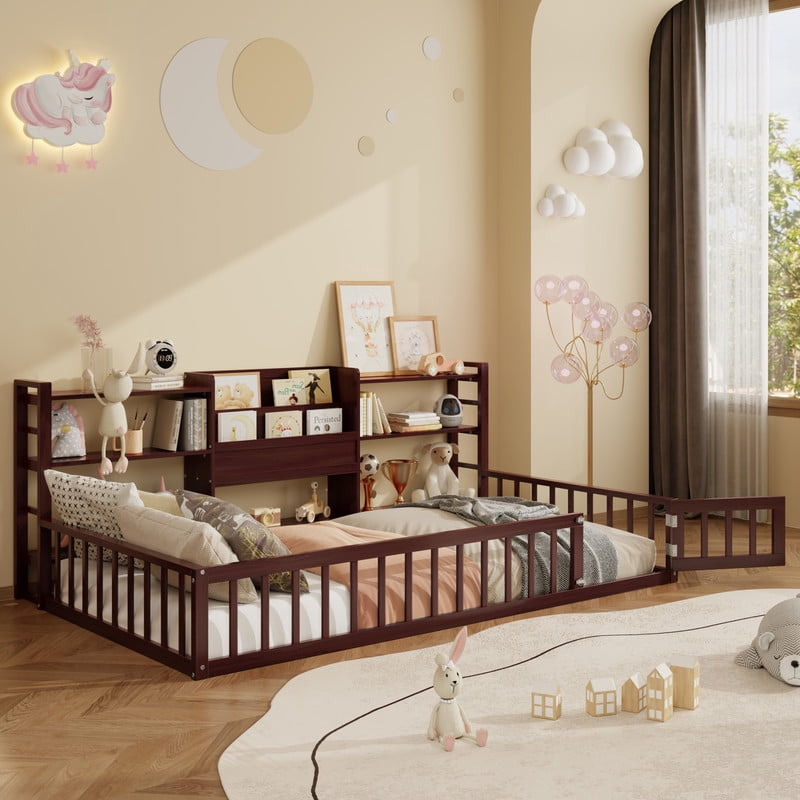 Twin Size Floor Bed with Integrated Bookcase and 3-Tier Storage Shelves, Low Profile Wood Toddler Bed Montessori Bed with Safety Guardrails for Boys Girls