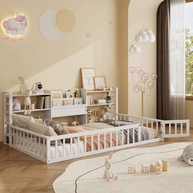 Twin Size Floor Bed with Integrated Bookcase and 3-Tier Storage Shelves, Low Profile Wood Toddler Bed Montessori Bed with Safety Guardrails for Boys Girls