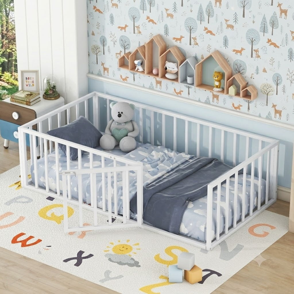Twin Size Floor Bed for Kids, Metal Montessori Floor Bed with Fence Guardrails and Door, Kids Montessori Bed Frame Toddler Bed for Boys Girls, No Slats