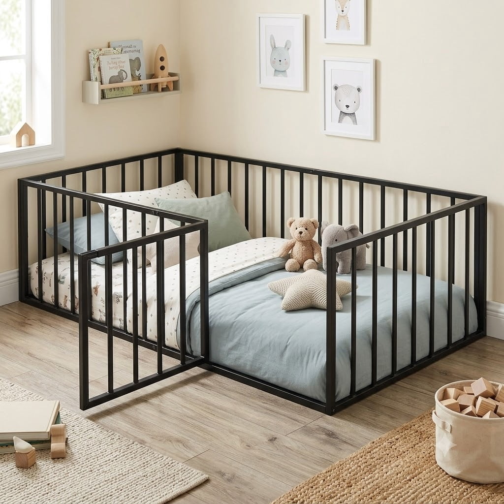 Twin Size Floor Bed for Kids, Metal Montessori Floor Bed with Fence Guardrails and Door, Kids Montessori Bed Frame Toddler Bed for Boys Girls, No Slats