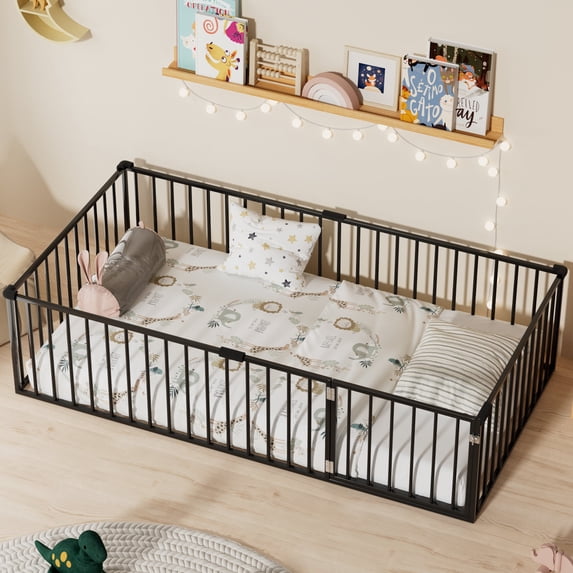 Twin Size Floor Bed for Kids and Toddlers, Metal Montessori Floor Bed with 21.7" High Full-Length Fence and Door, Safety Montessori Bed Frame for Kids Girls and Boys, No Slats Supports, Black