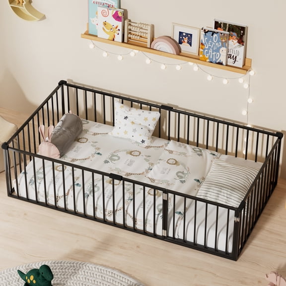 Twin Size Floor Bed for Kids and Toddlers, Metal Montessori Floor Bed with 21.7" High Full-Length Fence and Door, Safety Montessori Bed Frame for Kids Girls and Boys, No Slats Supports, Black