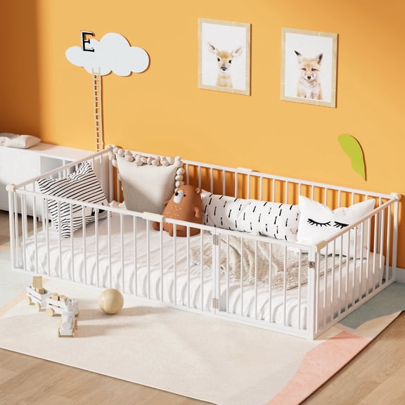 Twin Size Floor Bed for Kids and Toddlers, Metal Montessori Floor Bed with 21.7" High Full-Length Fence and Door, Safety Montessori Bed Frame for Kids Girls and Boys, No Slats Supports, White