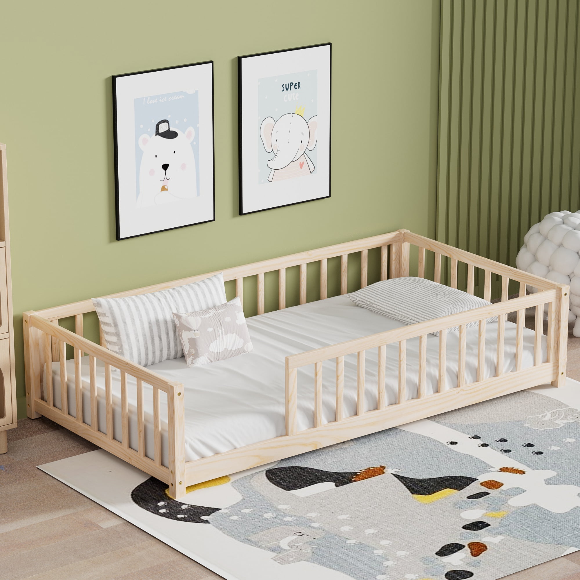 Twin Size Floor Bed for Kids, Wood Twin Montessori Bed Frame with Fence Guardrails and & Support Slats, Twin Playhouse Bed without Door, Kids Fence Bed Playpen Bed for Boys ,Girls, Natural