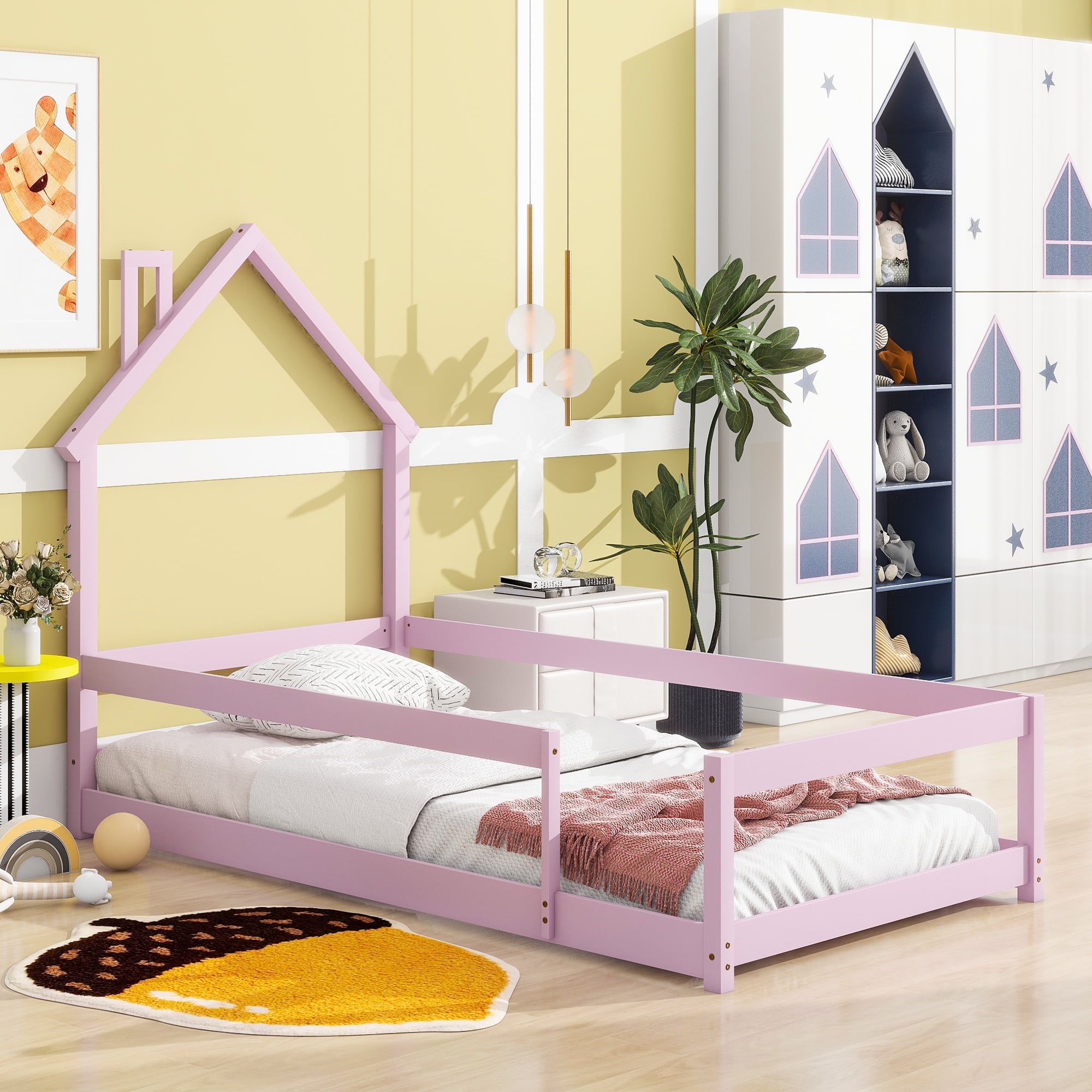 Giantex Twin House Floor Bed For Kids – Montessori Bed Frame With Safety Rails & Clothes Hanger (Pink)