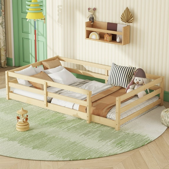 Twin Size Floor Bed, Montessori Floor Bed with Guardrails, Wood Montessori Floor Bed Frame for Girls, Boys, No Box Spring Needed, Natural