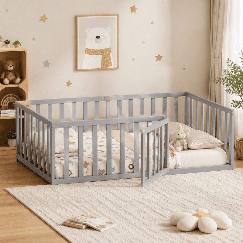 Twin Size Floor Bed Platform Bed with Fence and Door, Wood Montessori Bed Toddler Bed Playhouse Bed for Boys Girls, No Slats