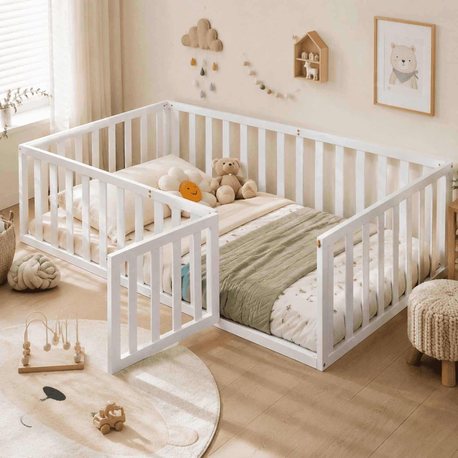 Twin Size Floor Bed Platform Bed with Fence and Door, Wood Montessori Bed Toddler Bed Playhouse Bed for Boys Girls, No Slats