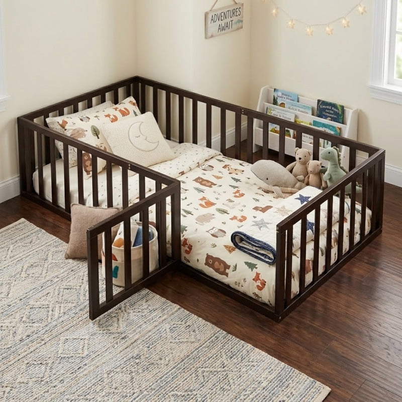 Twin Size Floor Bed Platform Bed with Fence and Door, Wood Montessori Bed Toddler Bed Playhouse Bed for Boys Girls, No Slats