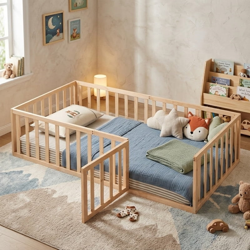 Twin Size Floor Bed Platform Bed with Fence and Door, Wood Montessori Bed Toddler Bed Playhouse Bed for Boys Girls, No Slats