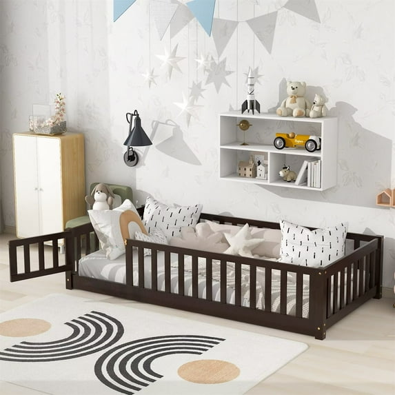 Twin Size Floor Bed, Solid Pine Wood Platform Bed Frame with Fence Guardrails & Door & Slats System, Multifunctional Floor Playpen Bed, Espresso