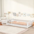 thumbnail image 1 of Twin Size Floor Bed, Solid Pine Wood Platform Bed Frame with Fence Guardrails & Door & Slats System, Multifunctional Floor Playpen Bed, White, 1 of 8