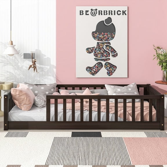 Twin Size Floor Bed | Solid Rubber Wood & Safety Guardrails