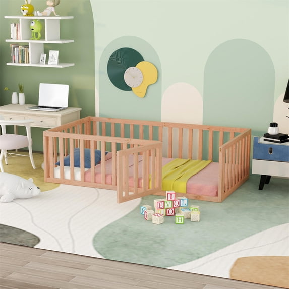 Twin Size Floor Bed, Solid Wood Twin Bed Frame with Safety Guardrails, Door and Slats, Montessori Floor Bed for Girls and Boys, Natural