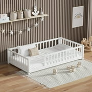 Twin Size Floor Bed for Toddlers and Kids, Solid Wood Montessori Floor Bed with Safety Fence Rail without Door, Durable Montessori Bed Frame with Sturdy Slats Support for Boys and Girls, Gray