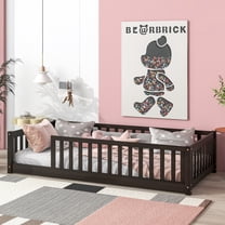 Twin Size Floor Bed for Toddlers and Kids, Solid Wood Montessori Floor Bed with Safety Fence Rail without Door, Durable Montessori Bed Frame with Sturdy Slats Support for Boys and Girls, Espresso