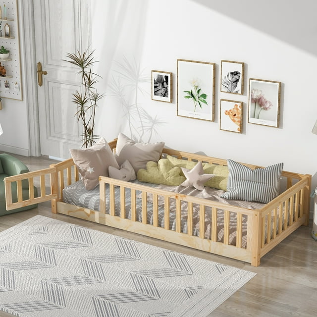 Walmart Twin Size Montessori Floor Bed for Kids, Solid Wood with Safety