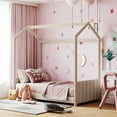 thumbnail image 1 of Twin Size Floor Bed, Velvet House Bed with Roof for Kids Teens Toddler, Wooden Platform Bed with Headboard and Footboard, Bed Frame for Bedroom Dorm, No Box Spring Needed, Can be Decorated, Beige, 1 of 7