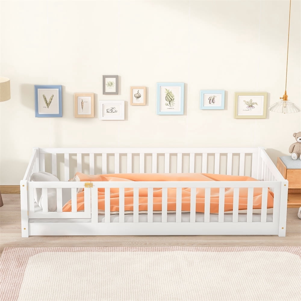 Twin Size Floor Bed Frame, Wood Montessori Bed Frame with Fence and Door, No Box Spring Needed, White