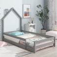 thumbnail image 1 of Twin Size Floor Bed Wooden Montessori Floor Bed with House-Shaped Headboard and Fence Guardrails Twin Bed Frame for Girls and Boys, No Weight Limit, Gray, 1 of 7