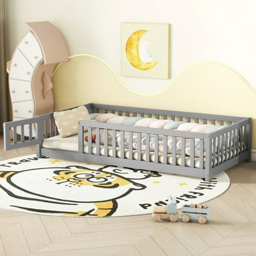 Twin Size Floor Bed for Kids, Minimalism Wooden Bed Frame with Safety Guardrails and Door, Modern Toddler Bed with Slat Supports for Girls Boys, Gray