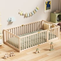 Twin Size Floor Bed with 21.6" High Fence for Kids, Solid Wood Multifunctional Montessori Bed Frame with Door, Without Slats, Natural